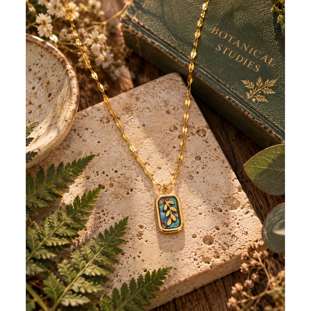 Paua Shell Leaf Necklace 18K Gold PVD Pendant Nature Botanical Jewelry 18"
